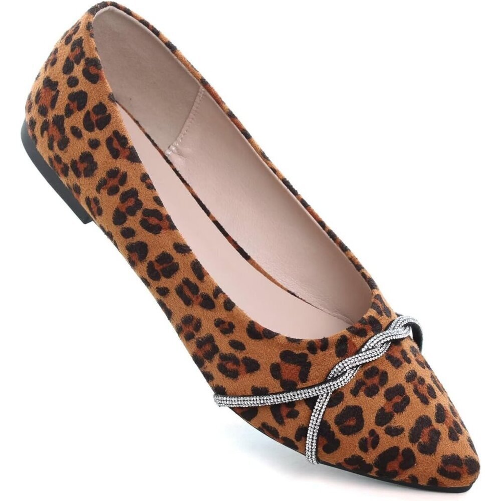Women's Leopard Casual Flats Fashion Chain Pointed Toe Ballet Flat Rhinestone - Picture 7 of 7